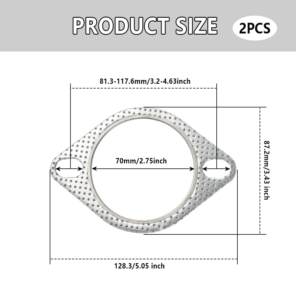 2PCS Car Exhaust Gasket,2.75'' 2-Bolt Exhaust Flange Gasket Car Accessories,Professional Exhaust Manifold Gasket Made of High Te