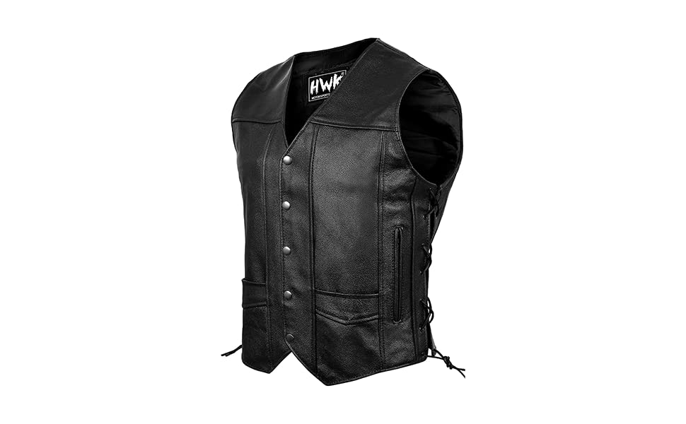 HWK Leather Motorcycle Vest for Men and Women with Concealed Carry Gun Pocket, Black Genuine Leather Vest with 100% Polyester Li