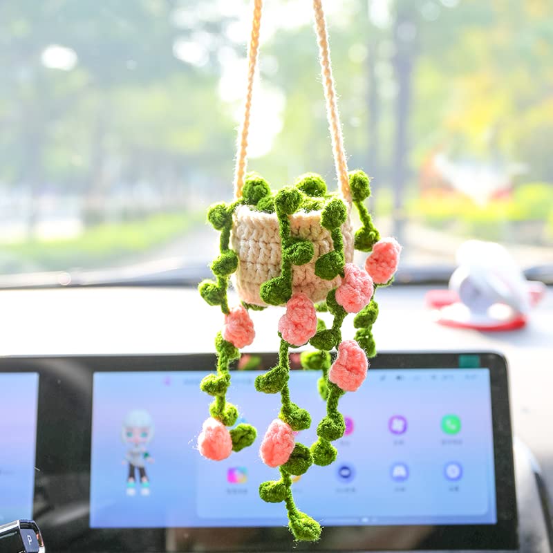 Boho Car Plant Crochet Hanging Accessories Crochet Plants For Car Rear View Mirror Cute Car Pink Plants For Women1