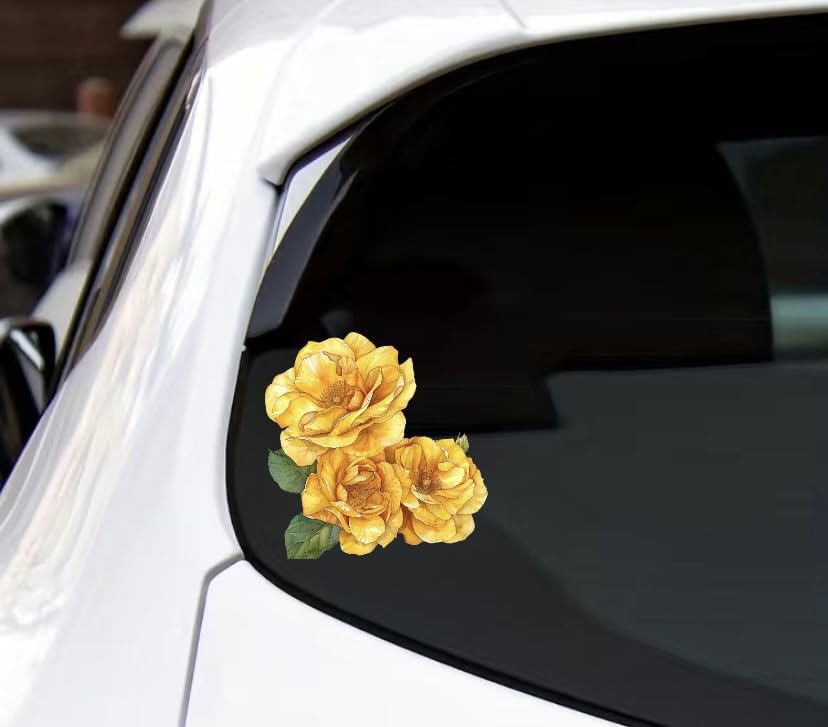 Maktem Japanese Yellow Rose Flower Car Sticker, Floral Oriental Rose Vinyl Bumper Sticker, Beautiful Yellow Flower, Car, Case, L