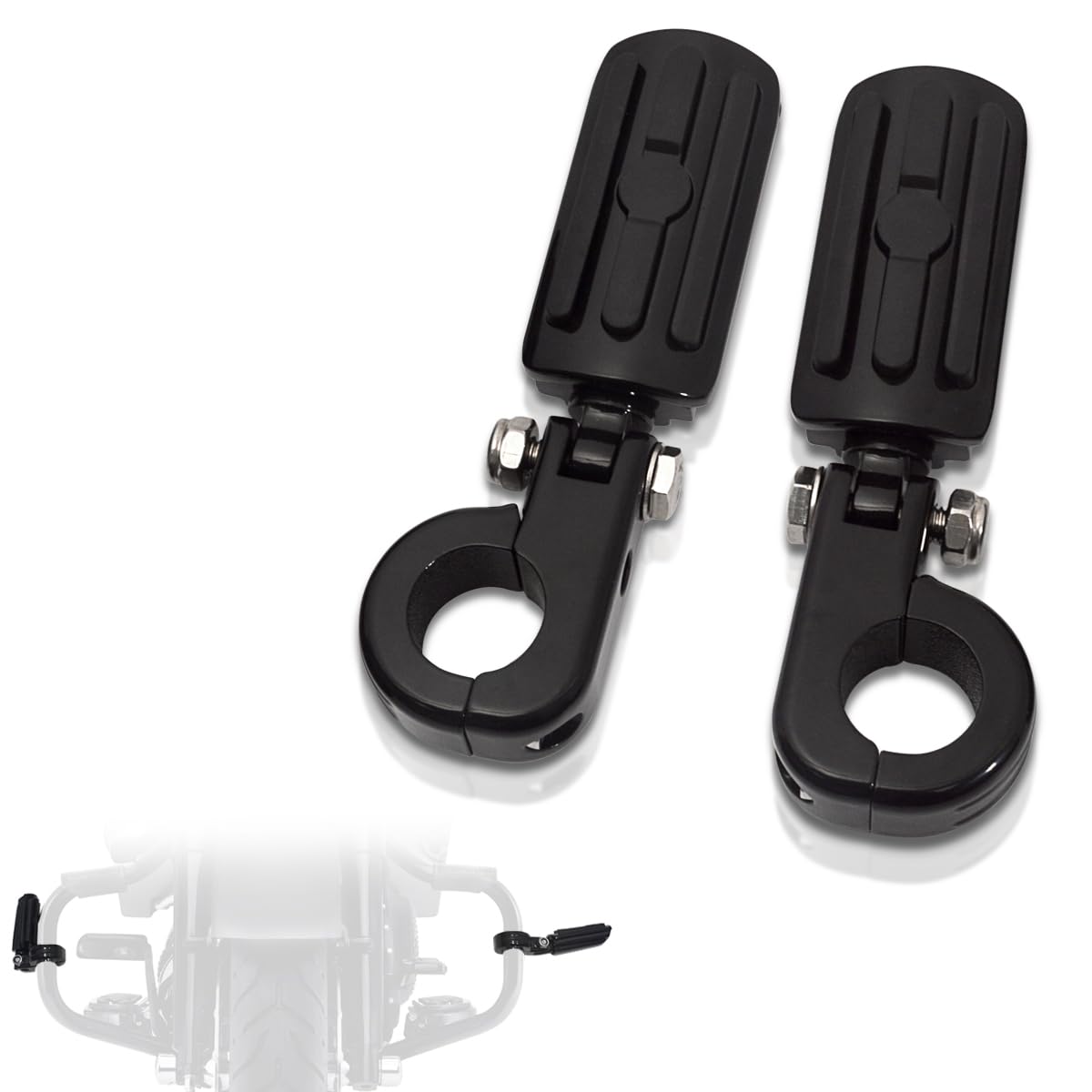 Fovplue 1.25' Highway Footpegs, Adjustable Footrest W/Mounting P-Clamps For Harley Touring Softail Dyna Sportster Honda Kawasaki Suzuki Yamaha Indian Victory W/1-1/4' Engine Guard, Gloss Black#2