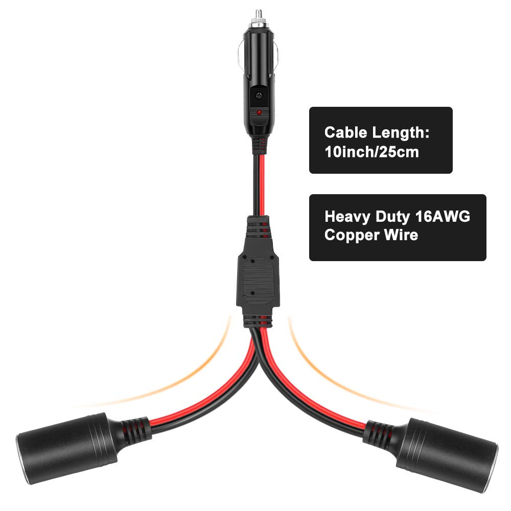Electop 1 To 2 Car Cigarette Lighter Splitter Adapter Power Charger Port, 12V 24V Plug Socket 2-Way Splitter Y Adapter, 10 Inch