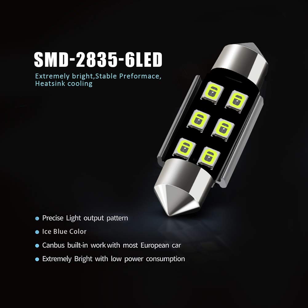 Auxlight 6418 6411 De3425 C5W De3423 36Mm 1.42”Festoon Canbus Error Free Led Interior Light Bulbs Ice Blue, Super Bright 6Smd Chips For Dome Map Door Courtesy License Plate Lights (Pack Of 6)