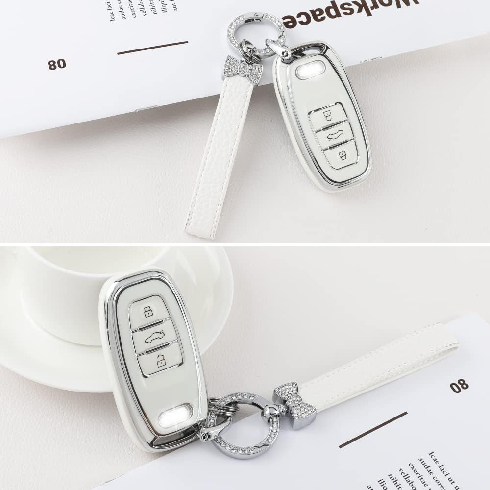 1797 For Audi Key Fob Cover Q5 A4 A5 A6 A7 A8 S4 S5 S6 S7 R8 Rs5 Rs7 Accessories Bling Car Key Chain Case Shell Girly Cute 3 Button White Silver Tpu