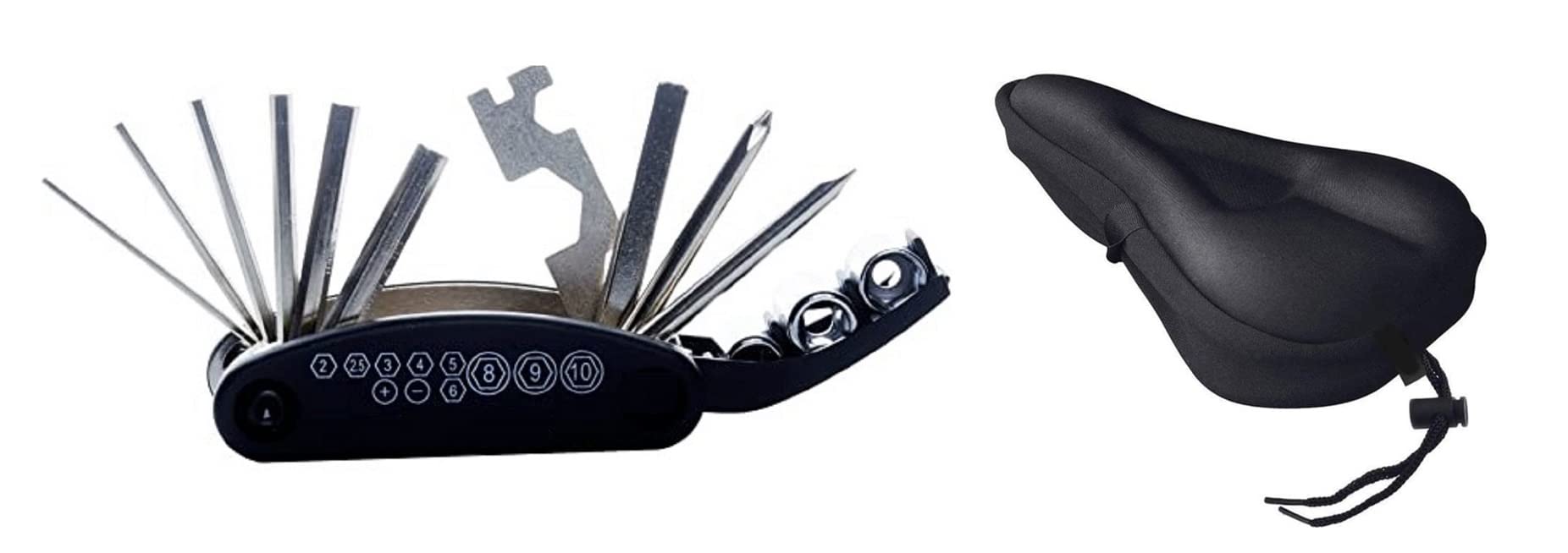 Bicycle Gel Seat Saddle Cover Soft Cushion Black Bike Repair Tool Kit Set, Multi Tool Bicycle Allen Key Socket Wrench Screwdrive
