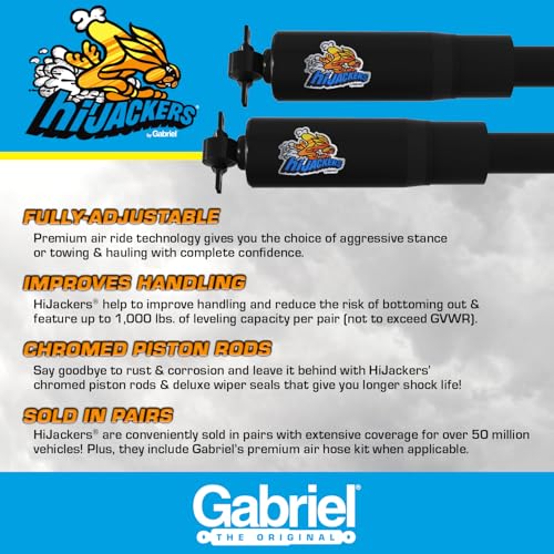 Gabriel 49235 HiJackers Rear Adjustable Air Shock Absorbers Fits Cadillac Escalade; Avalanche, Silverado, Suburban, Tahoe; Dodge Ram; GMC Canyon, Sierra, Yukon; Jeep Gladiator; Nissan TITAN (1 Pair)