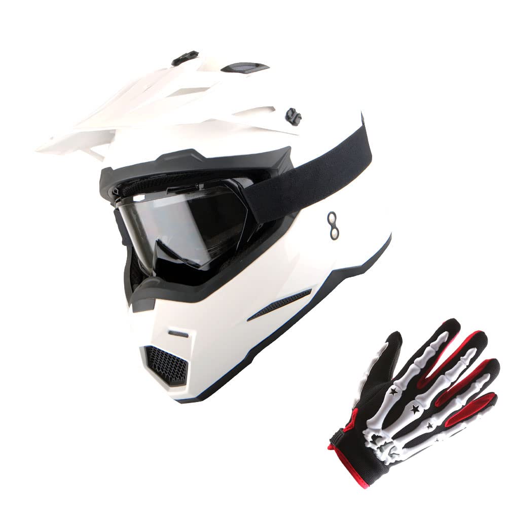 1Storm Motocross Adult Helmet Bmx Mx Atv Dirt Bike Helmet Glossy White + Goggles + Skeleton White Glove Bundle