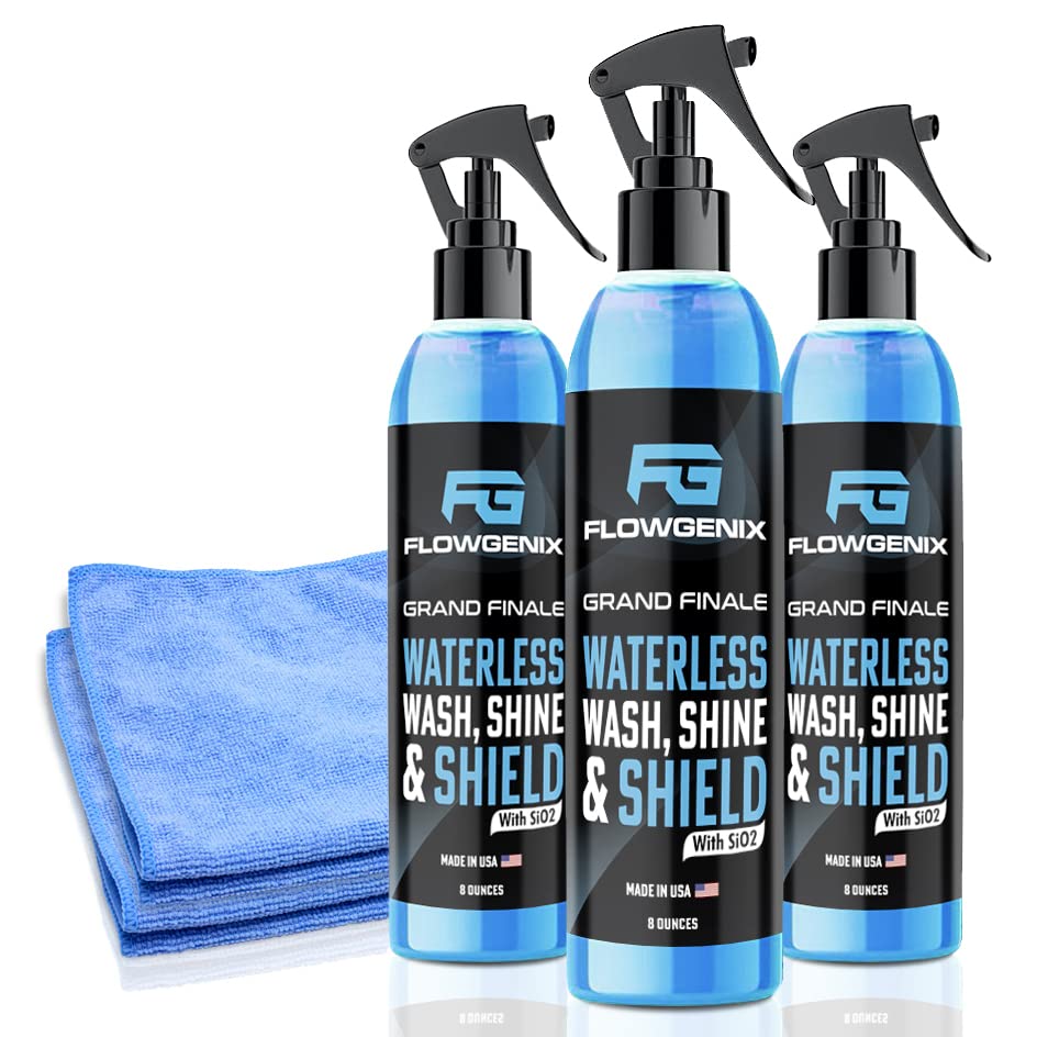 Flowgenix™ Waterless Car Wash Spray - Grand Finale - Motorcycle Cleaner & Car Wax Polish - Ceramic Coating - Incl. 2 Microfiber Towels - Best Cleaner & Quick Detailer To Make Your Car Shine (3-Pack)