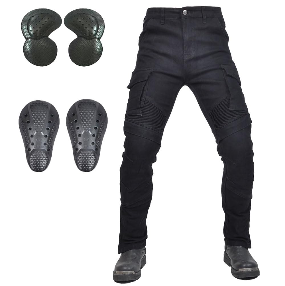 Mens Motorcycle Riding Pants Denim Jeans Protect Pads Equipment with Knee and Hip Armor Pads Detachable CE Armor Pads Black