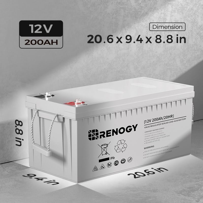Renogy Deep Cycle Agm Battery 12 Volt 200Ah, 3% Self-Discharge Rate, 2000A Max Discharge Current, Safe Charge Most Home Appliances For Rv, Camping, Cabin, Marine And Off-Grid System, Maintenance-Free