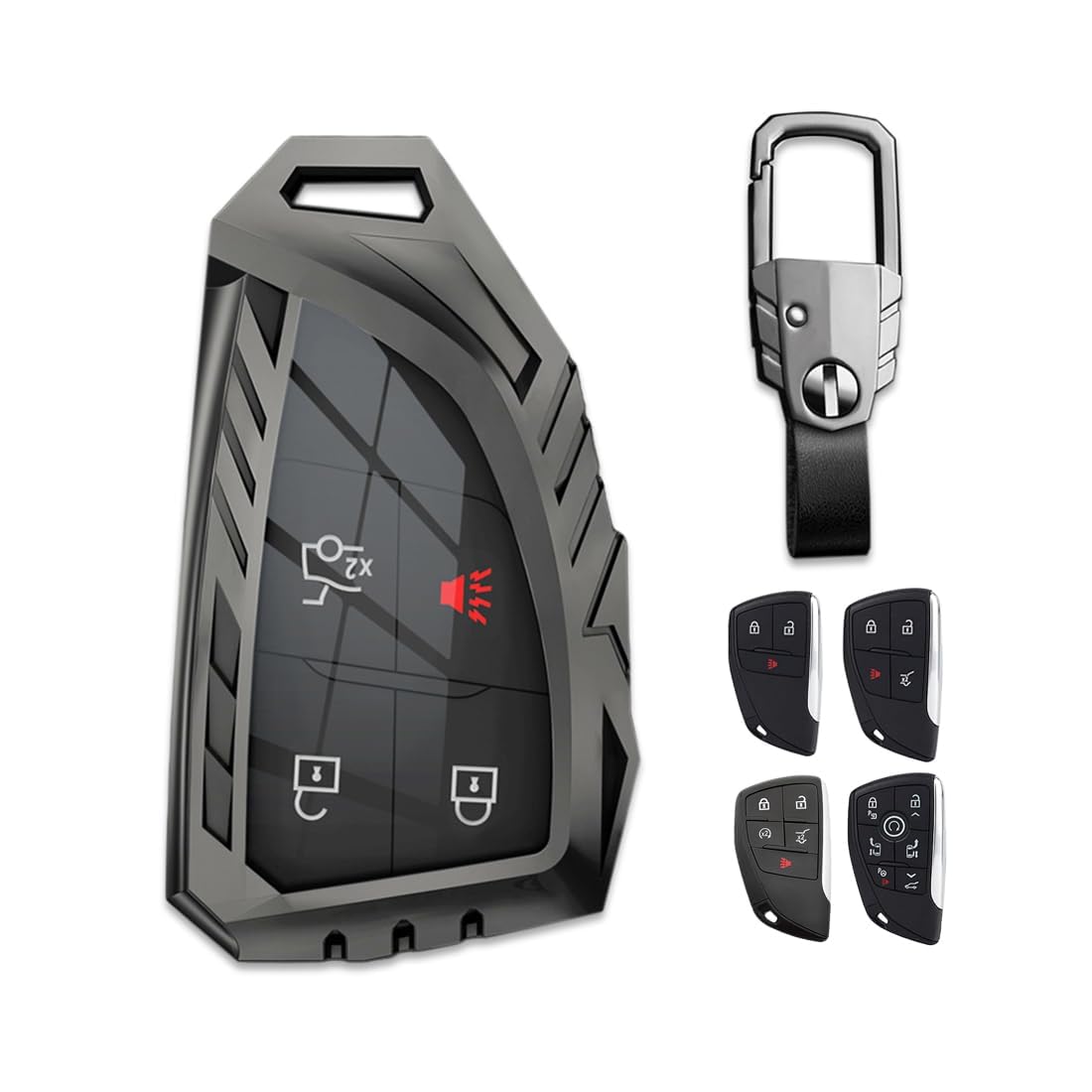 Noreyvis Zinc Alloy Smart Key Fob Case Cover Holder Shell With Keychain Compatible For Chevrolet Suburban Tahoe Gmc Yukon 3/4/5/6 Buttons 2021 2022 (Gray)