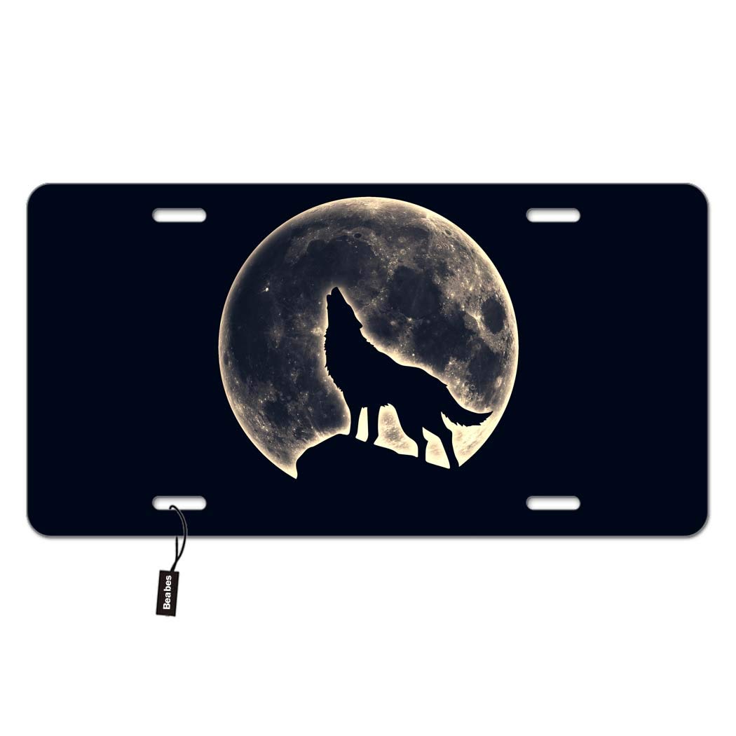 Beabes Night Wolf And Full Moon Front License Plate Cover,Dangerous Wild Animal Howling At The Night Sky Decorative License Plat