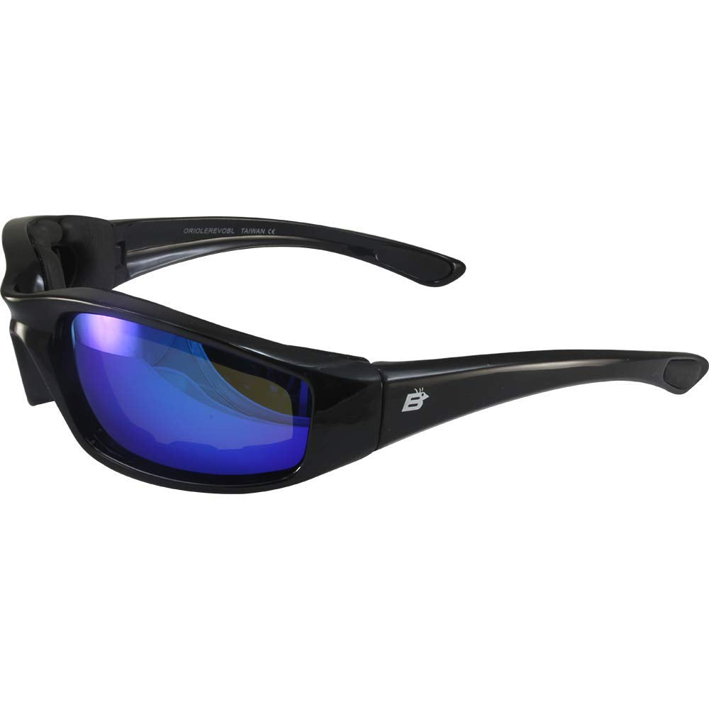 Birdz Eyewear Oriole Padded Motorcycle Riding Sunglasses Gloss Black Frame With Blue Mirror Lenses