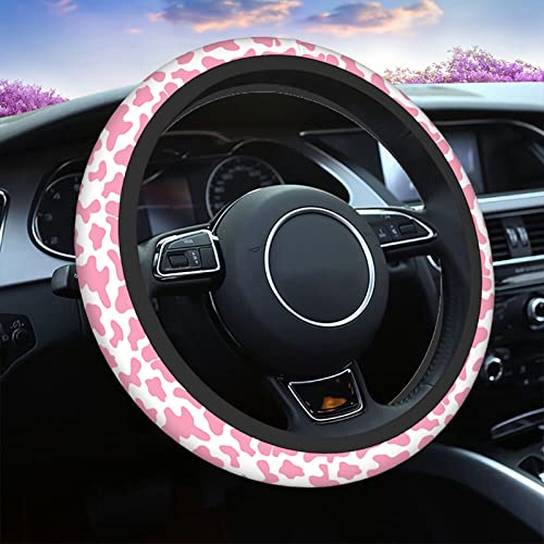 Swono Automotive Steering Wheel Covers Pink Cow Print Cute Pink Cow Print Neoprene Car Wrap Cover Stretch-On Fabric Breathable U