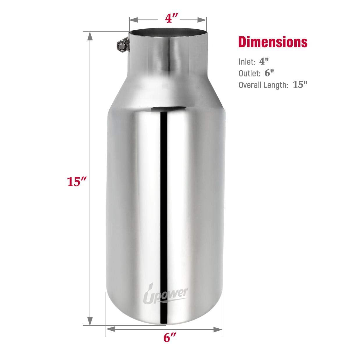 Upower Universal Diesel Trucks Car Exhaust Tip 4 Inch Inlet 6' Outlet 15' Long Stainless Steel Bolt-On