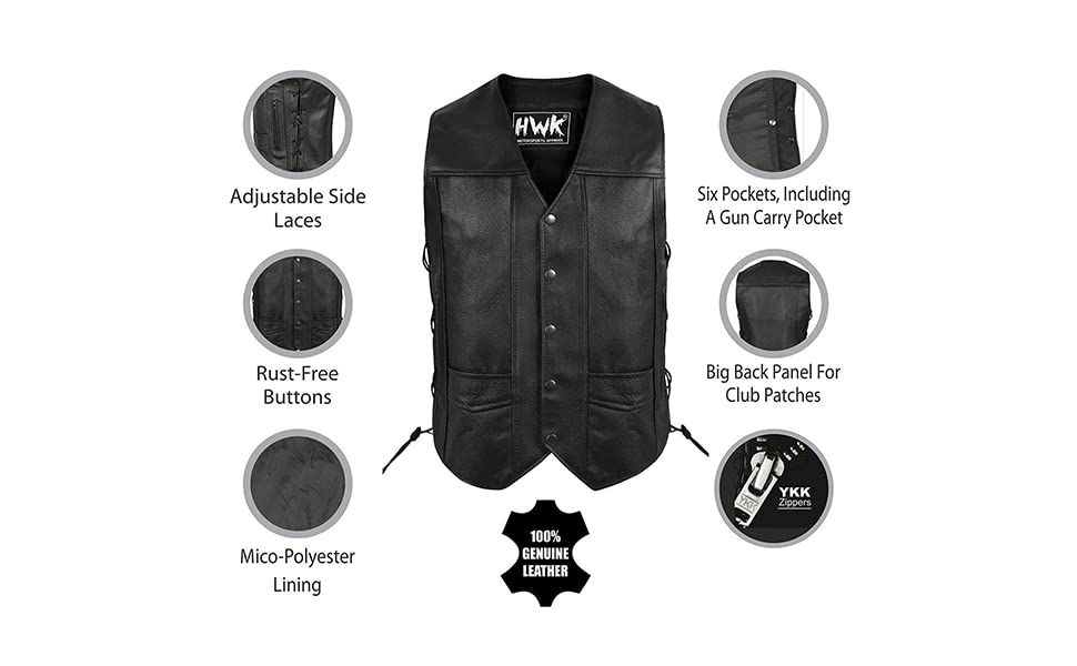 HWK Leather Motorcycle Vest for Men and Women with Concealed Carry Gun Pocket, Black Genuine Leather Vest with 100% Polyester Li