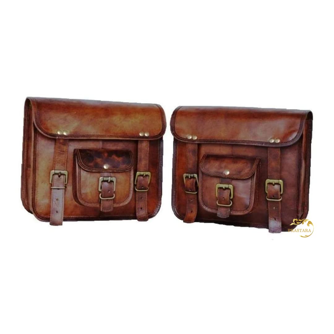 Prastara Motorcycle Large Saddle Tan Color Studed 2 Strap Real Leather Saddlebag Biker Bag