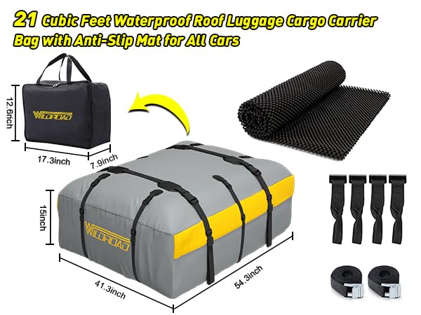 Car Roof Bag Rooftop Cargo Carrier, 21 Cubic Feet Waterproof Roof Luggage Cargo Carrier Bag With Anti-Slip Mat For All Cars Vehicles Suv With/Without Rack (With 2Pcs 4M Ratchet Straps)…