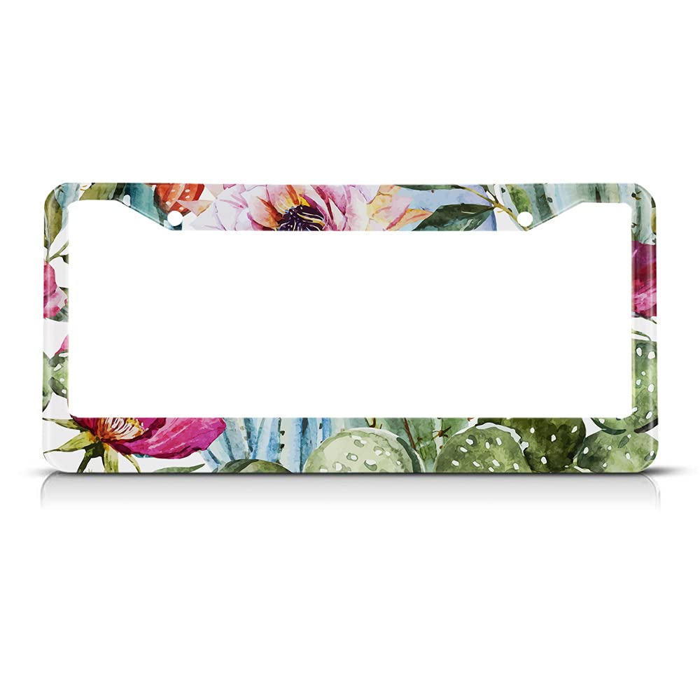 Beabes Watercolor Catus License Plate Frame Pink Flower Tropical License Plate Holder Cactus Summer Car Tag Frame License Plate