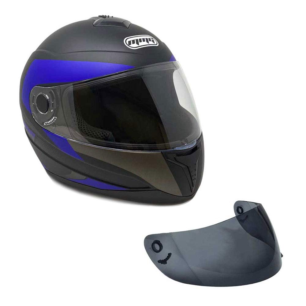 MMG Motorcycle Full Face Helmet DOT Street Legal Comes with Clear Shield and Spare Smoked Shield (MGAH26) (Matte Black Blue, X-L
