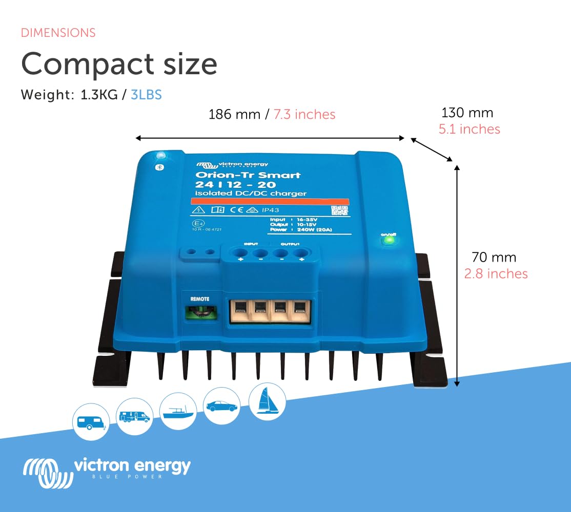 Victron Energy Orion-Tr Smart Dc To Dc Charger (Bluetooth) - 24/12-Volt 20 Amp 240-Watt - Battery Charger For Dual Battery Systems - Isolated