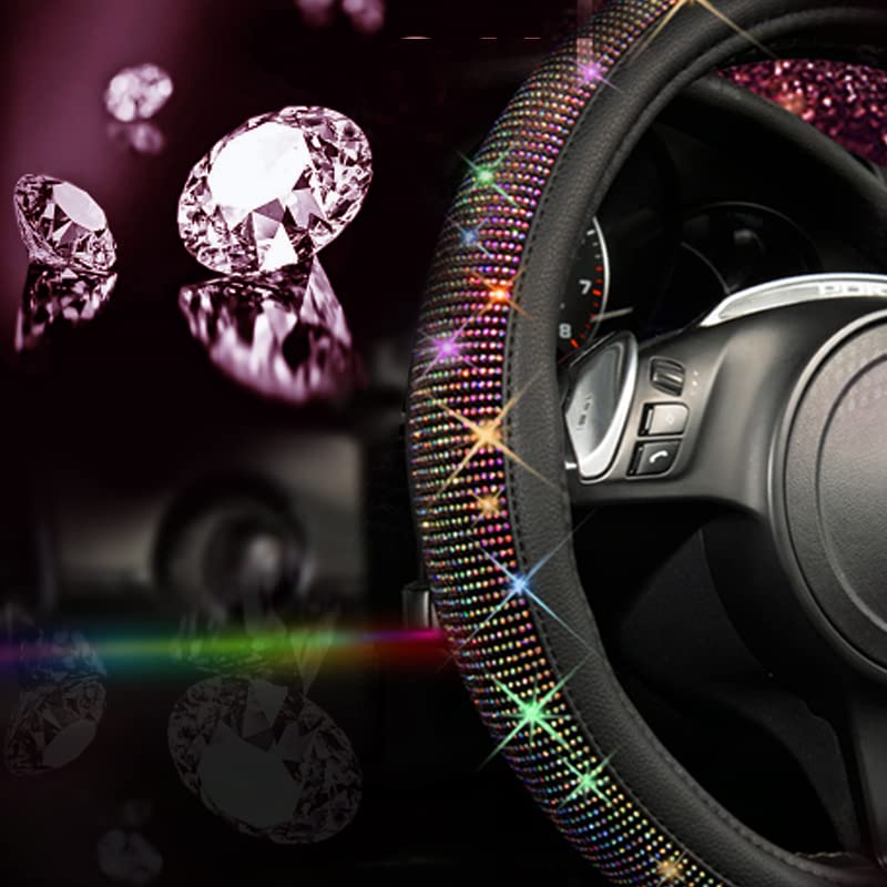 Car Pass Diamond Leather Steering Wheel Cover, With Bling Crystal Rhinestones Fit Suvs,Vans,Sedans,Cars,Trucks Universal Fit 14.