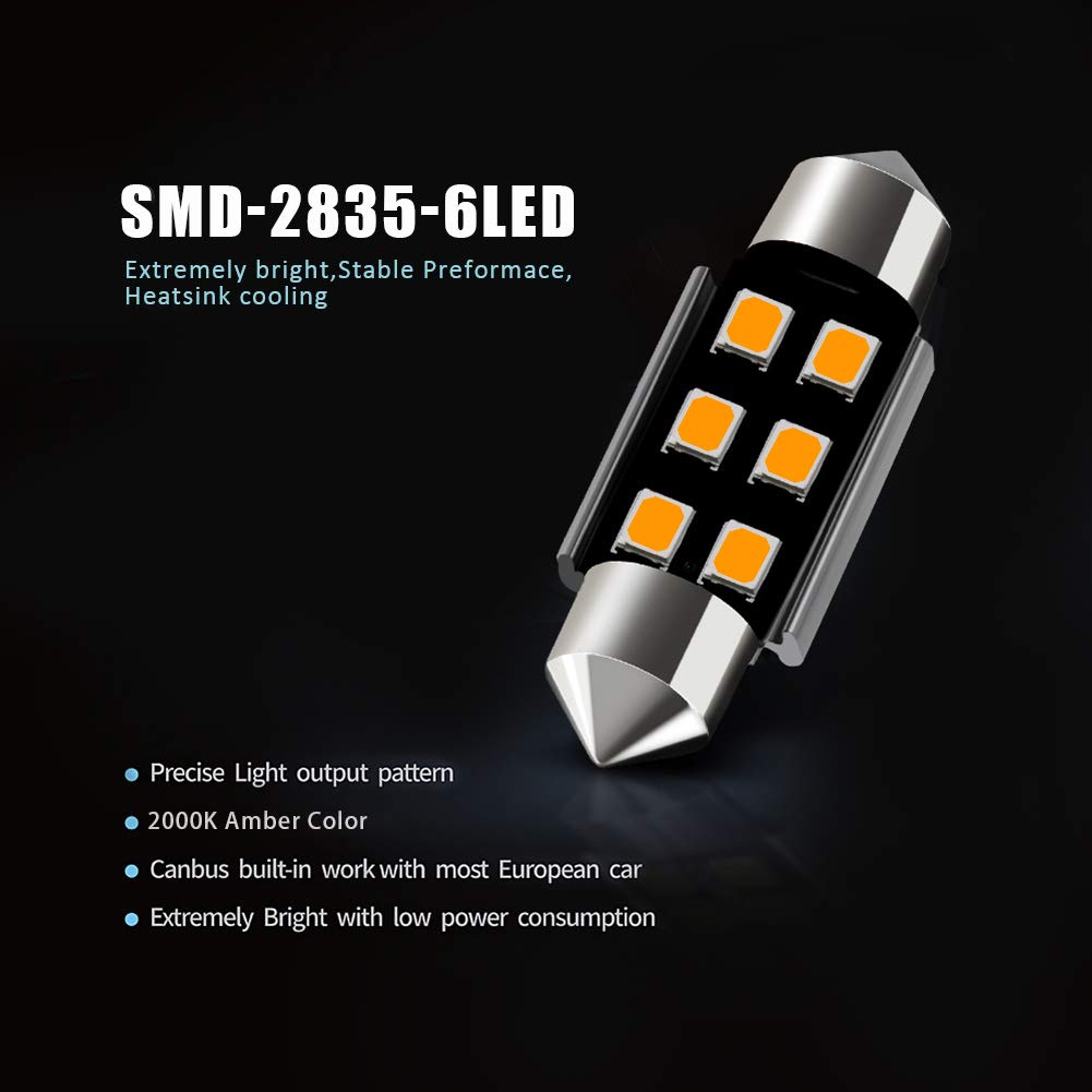 Auxlight 6418 6411 De3425 C5W De3423 36Mm 1.42Afestoon Canbus Error Free Led Interior Light Bulbs Amber Yellow, Super Bright 6Sm