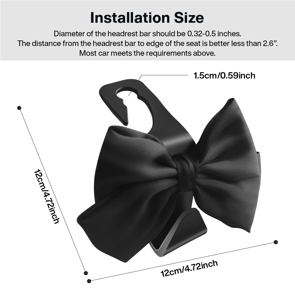 LIFOPY 2 Pack Car Purse Hooks, Cute Bow Car Seat Headrest Hook Hanger for Purses and Bags, Space-Saving Car Accessory (Black sil