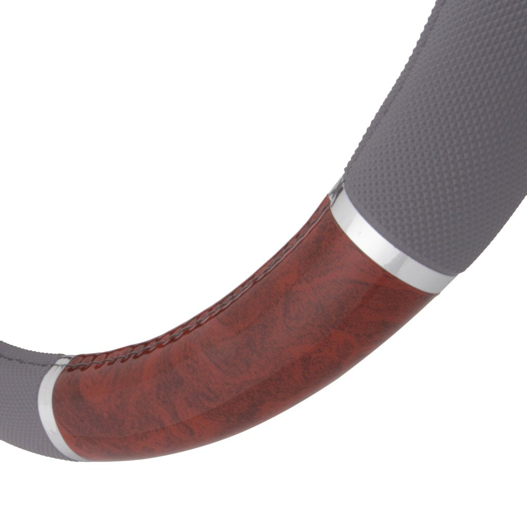 BDK Dark Wood Grain Steering Wheel Cover, 15 Universal Fit, Gray Faux Leather Grip for Auto, Truck, Van, SUV