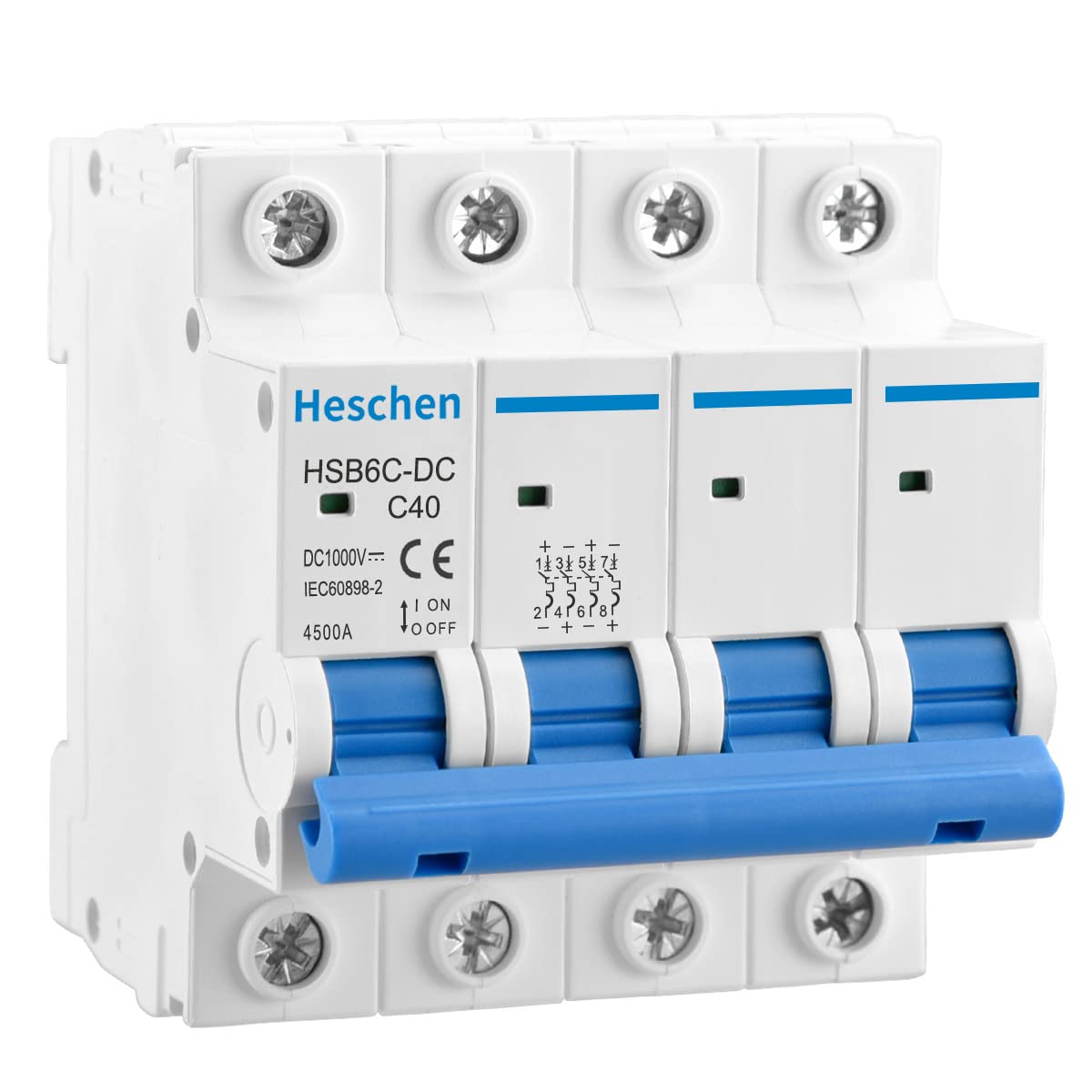 Heschen Dc Miniature Circuit Breaker, Hsb6C-Dc, 4 Poles, Dc1000V 40A, Photovoltaic Circuit Breaker, For Solar Pv System Solar Panels Grid System, 35Mm Din Rail Mounting