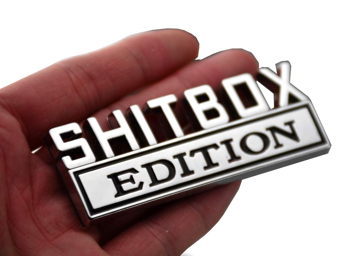 2Pcs Metal Shitbox Edition Car Emblem Badge 3D Sticker Decal Compatible With F-150 F250 F350 Silverado 1500 2500 3500 (Chrome)