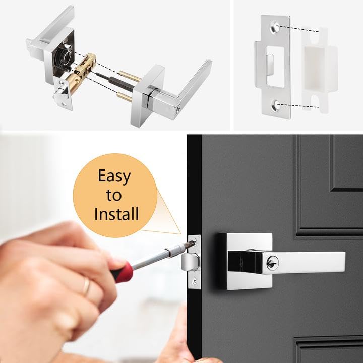 Probrico Heavy Duty Square Keyed Door Lever with Lock and Key, Polished Chrome E WBHDWB08CR6QX4M