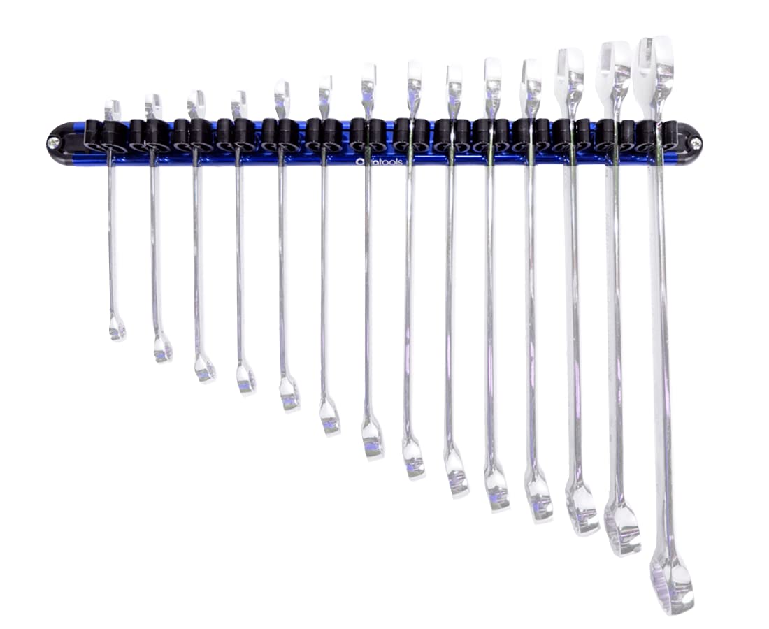 Olsa Tools Wall Mount Wrench Organizer With Rotating Clips  Blue Anodized Aluminum + Black Clips  Premium Quality Wrench Holder 