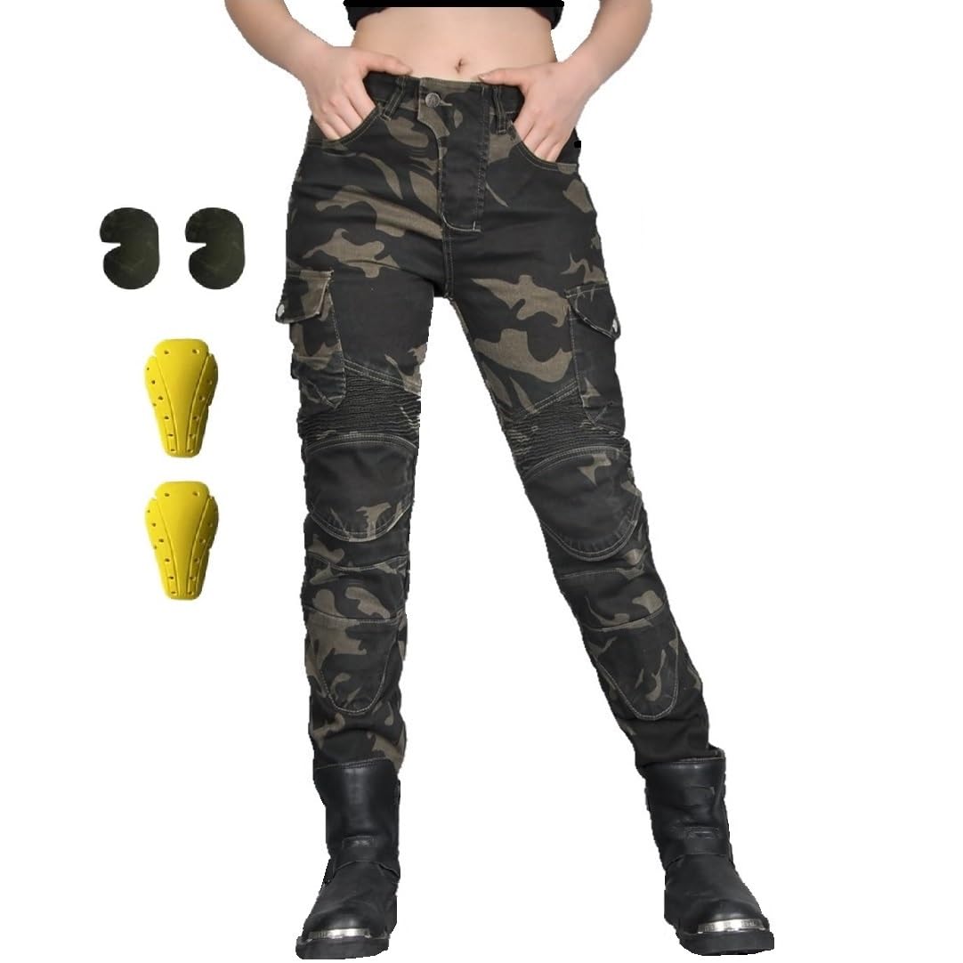 WILLIAMHUA Women Moto Jeans Motorcycle Pants Motorbike Biker Trousers with Protector (US, Waist Inseam, 26, 30, Camouflage)