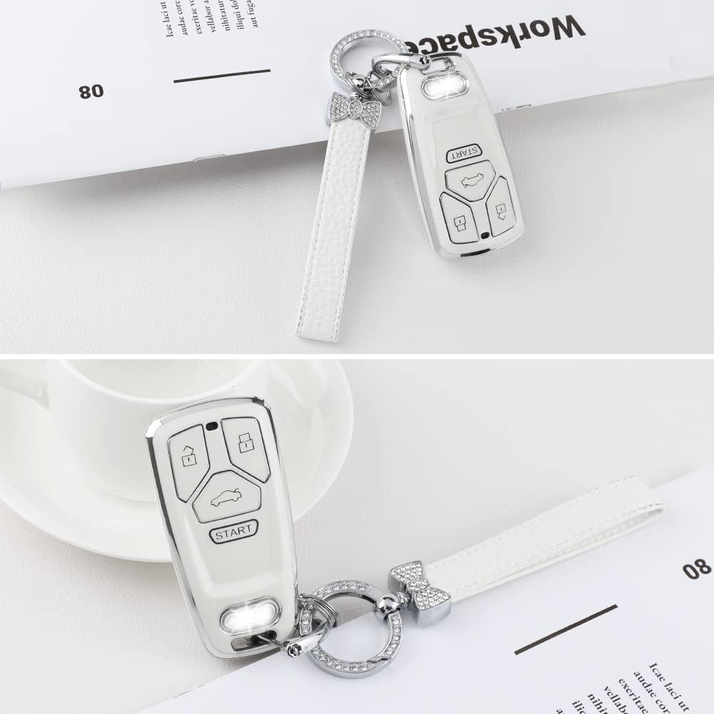 1797 Key Fob Cover For Audi Q5 Q7 A4 A5 S4 S5 Tt Accessories Bling Car Key Chain Case Shell Protector Women Men White Silver Tpu