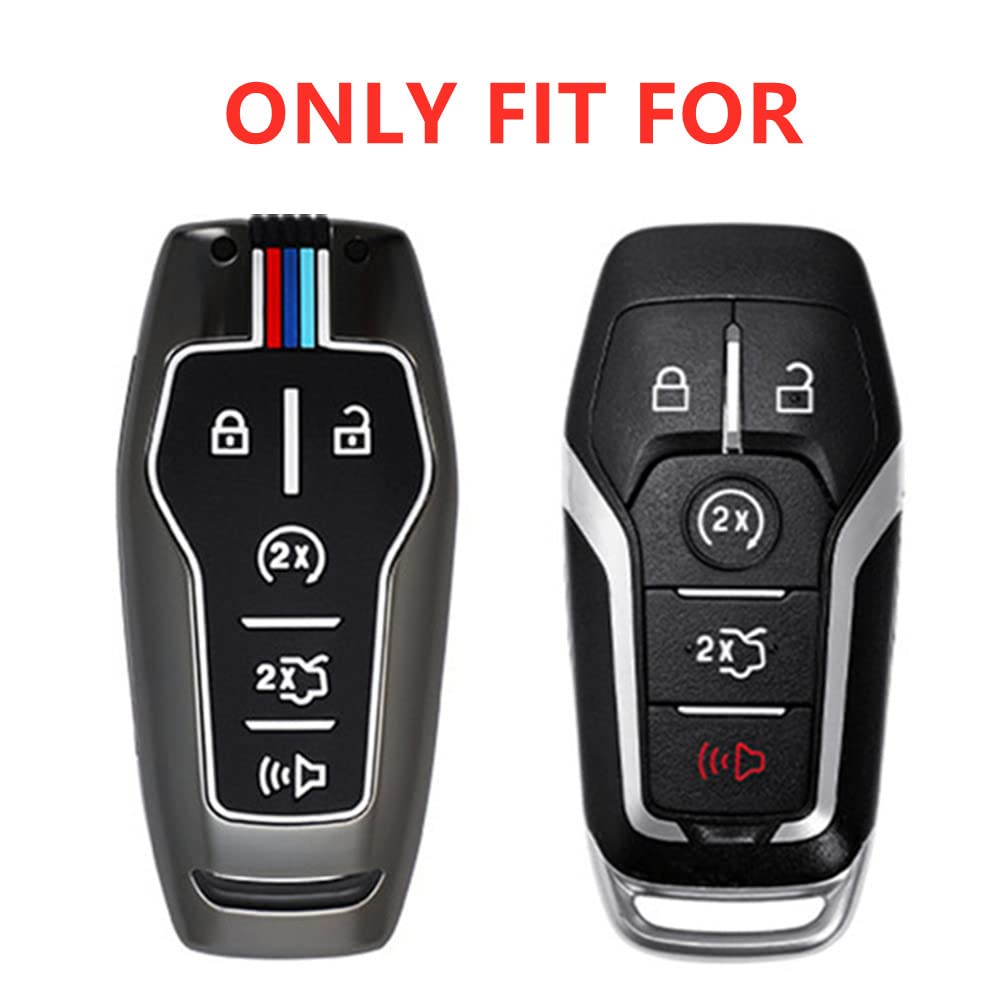 OTMIK Zinc Alloy Car Key Cover Cases Compatible with Ford Edge Explorer F-150 F-250 Fusion Mondeo 5 Buttons with Fluorescent Tri