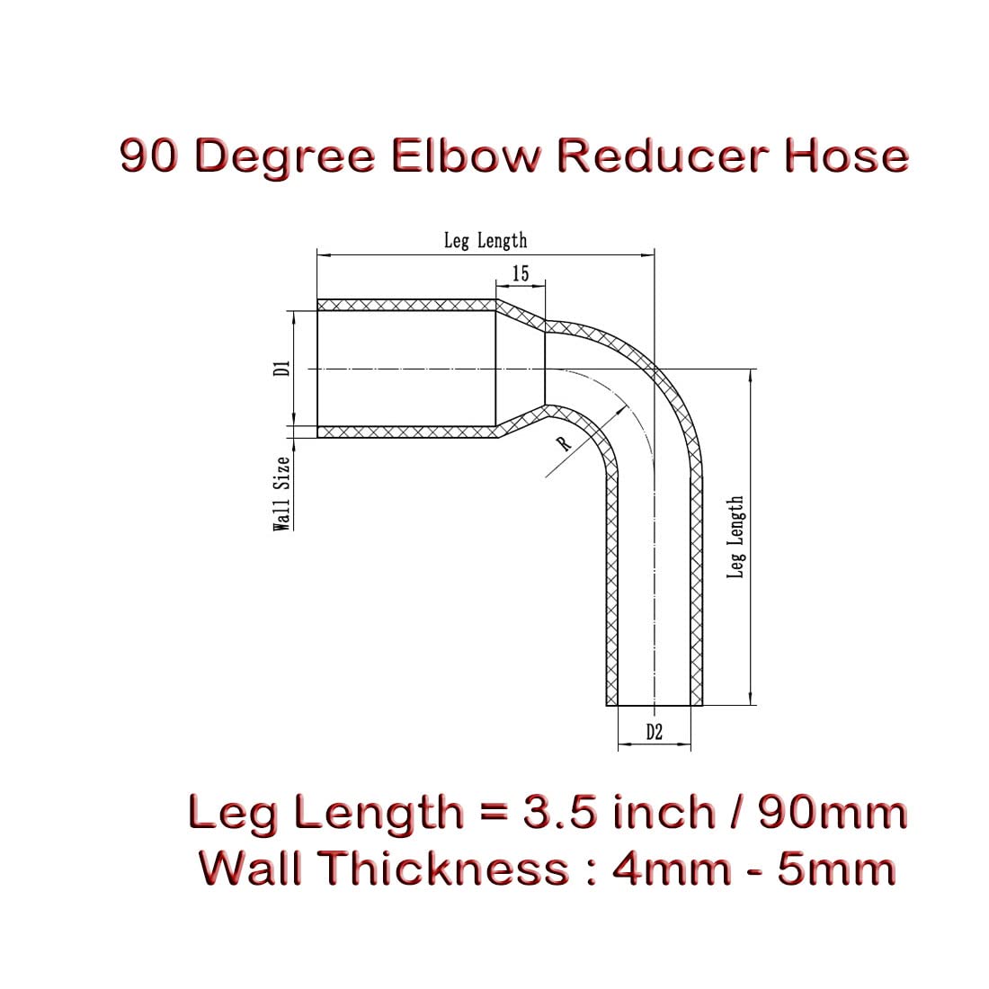 Autobahn88 Automotive Silicone Hose Bend, 90-Deg Elbow Coupler, ID=4.5'' (114mm), Leg Length 3.13'' (80mm), Wall Thickness= 0.2'