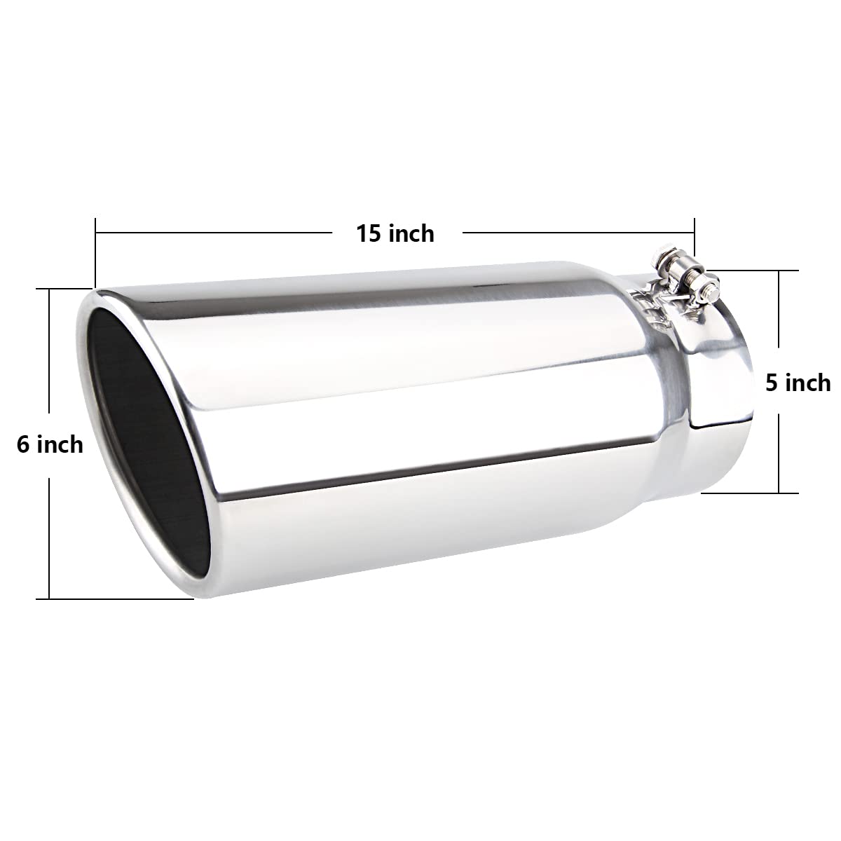 LCGP 5'' Diesel Exhaust Tip, 6'' Outlet 15'' Long Truck Tip, Rolled Angle Cut Design, Polished Finish