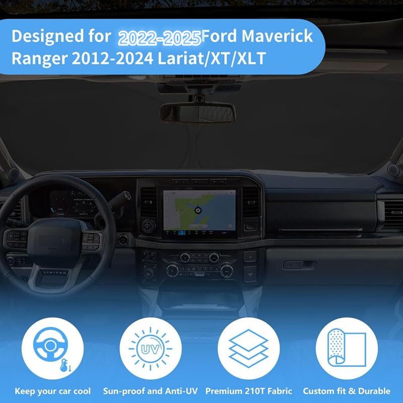 Hohuigo Windshield Sun Shade Fit 2025 2024 2023 2022 Ford Maverick Hybrid, Xl, Xlt, Lariat Foldable Front Window Sunshade Access