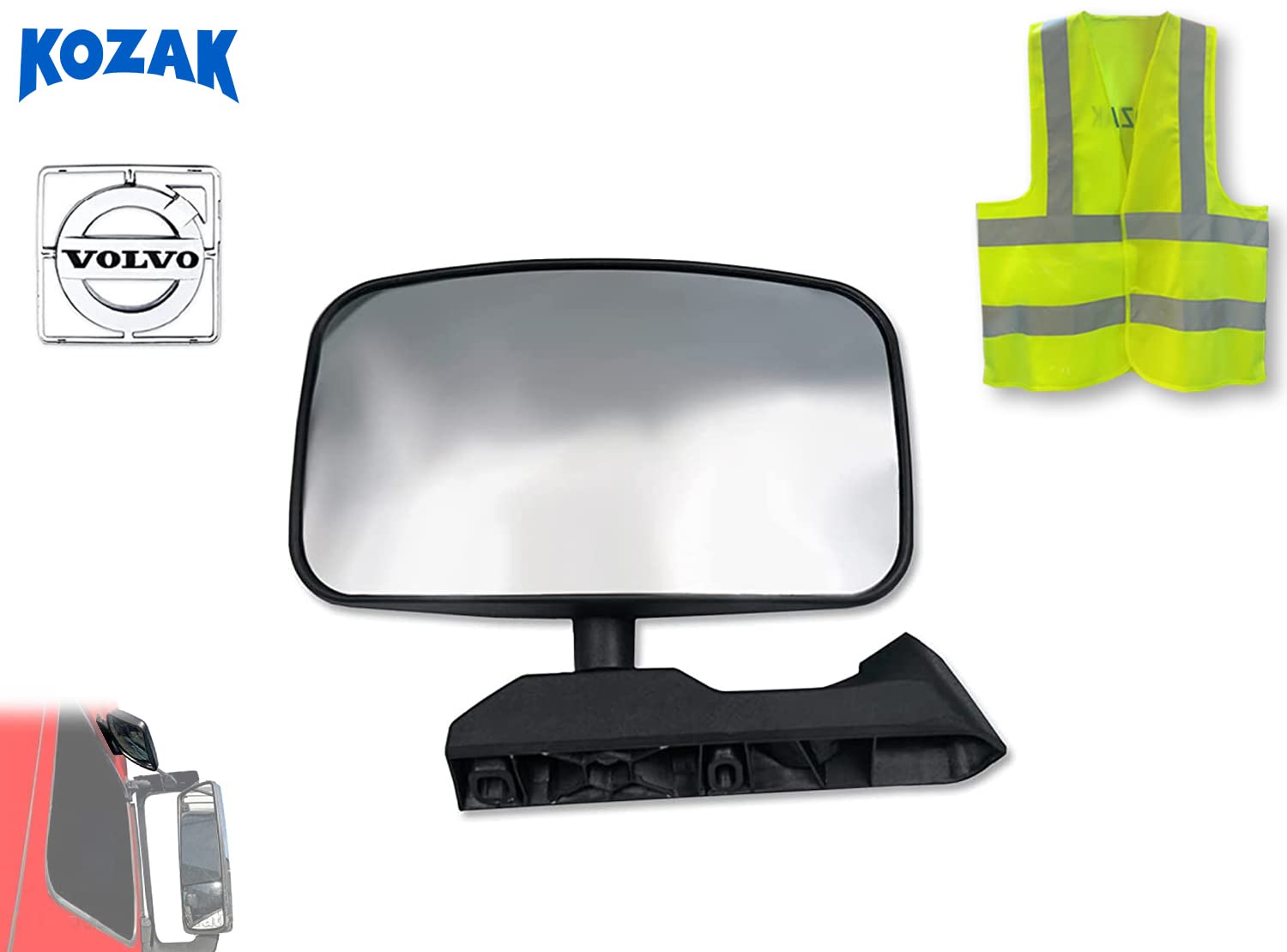 Kozak Look Down Convex Mirror Right Passenger Side Compatible With Volvo Trucks 2004 And Newer - Volvo Truck Accessories - Plus Volvo Logo Emblem And Kozak Vest