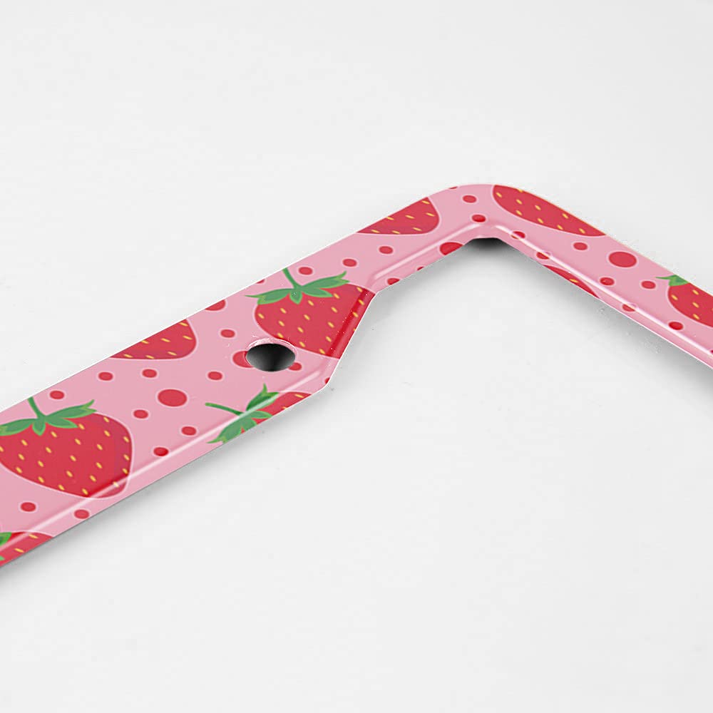 Beabes Cute Strawberry Pattern Fruit Pink License Plate Holder Polka Dots Red Frame License Plate Cover Car Accessories 2 Holes