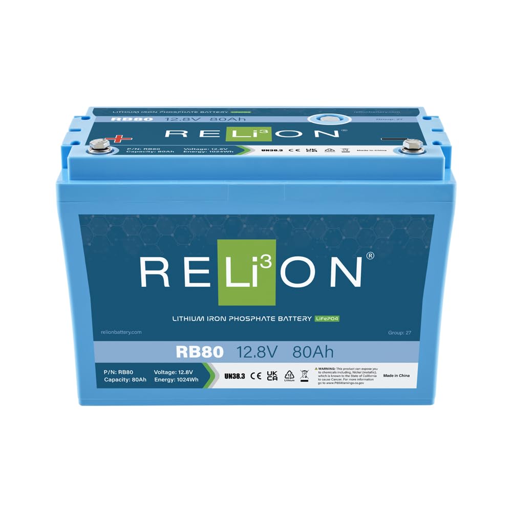 Relion Rb80 | 12V 80Ah | Lifepo4 Lithium-Ion Battery | Group 27 | 3500~5000 Cycles | Waterproof (Ip67 Rating) | 10 Year Warranty | Perfect For Boat, Kayak, Trolling Motor, Rv, Solar, Off Grid Etc.