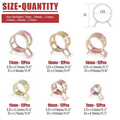 Hilitchi 72 pcs Spring Band Type Action Fuel/Silicone Vacuum Hose Pipe Clamp Low Pressure Air Clip Clamp (10 x 7mm 10mm 11mm 14m