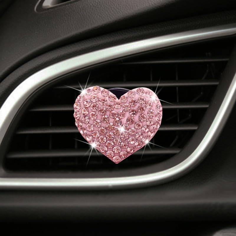 2Pcs Bling Crystal Cute Heart Charms Air Vent Clips - Pink Rhinestone Car Decoration