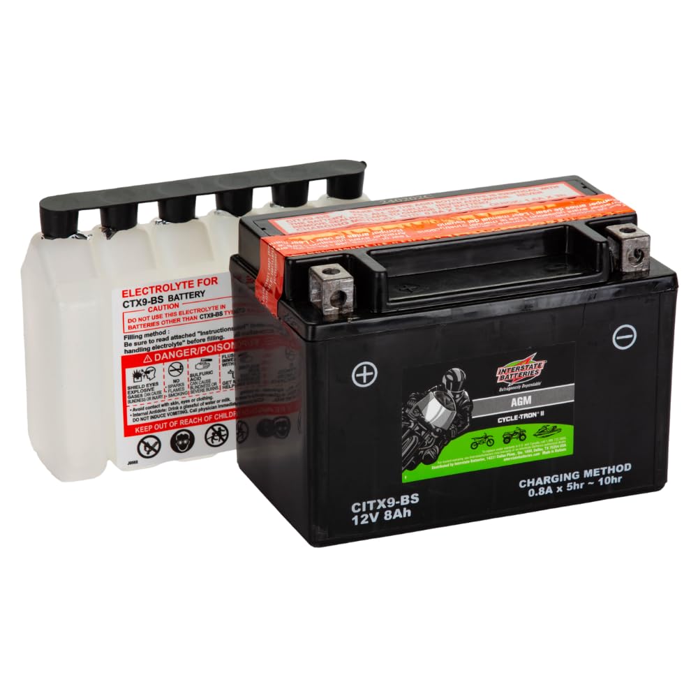 Interstate Batteries Ytx9-Bs 12V 8Ah Powersports Battery 130Cca Agm Rechargeable Replacement For Bmw, Honda, Kawasaki Motorcycle