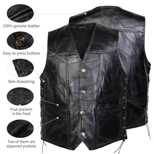 Xinmall Motorcycle Genuine Leather Biker Vest For Men Club Style Classic Black (As1, Alpha, Jaspo_L, Large)
