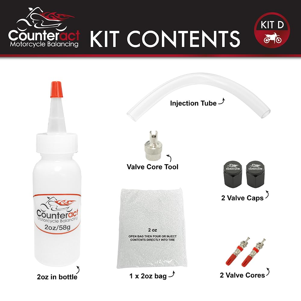 Counteract KIT-D Motorcycle Do It Yourself Tire/Wheel Balancing Beads Kit - (2) 2oz Balancing Bead Applications, (2) Valve Caps and Cores, (1) Core Remover, Injector Bottle