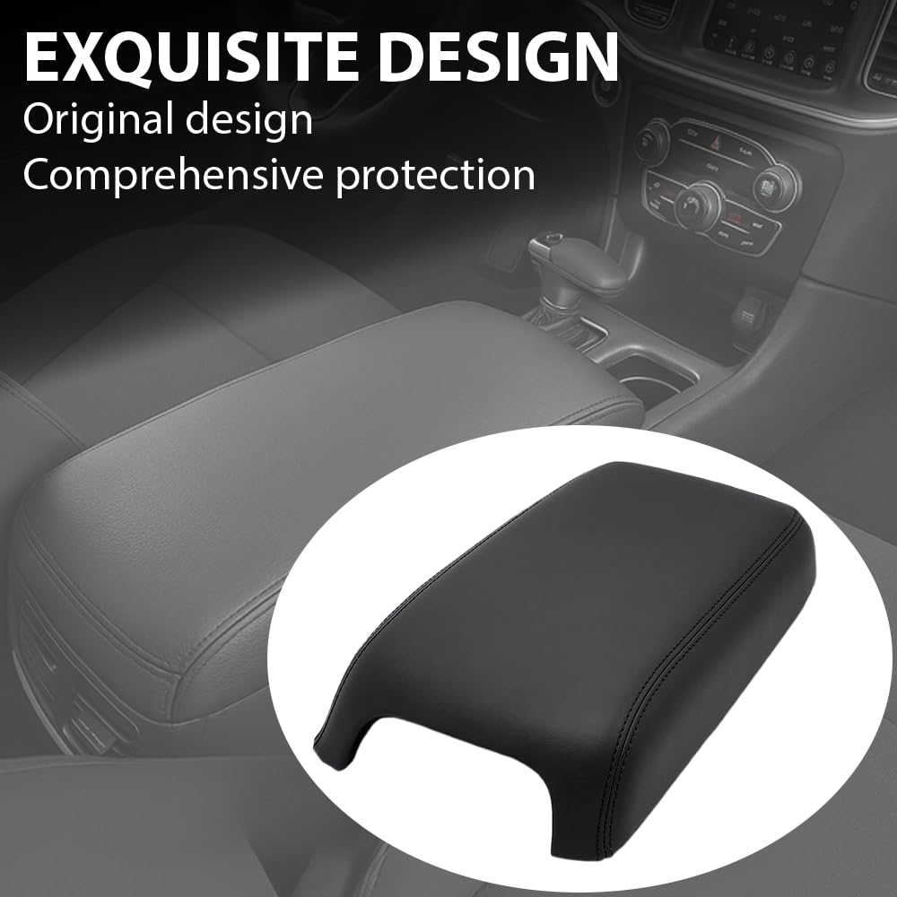 Pit66 Armrest Cover Replacement Center Console Lid Cover Compatible With Dodge Charger 2011-2023 Leather Black