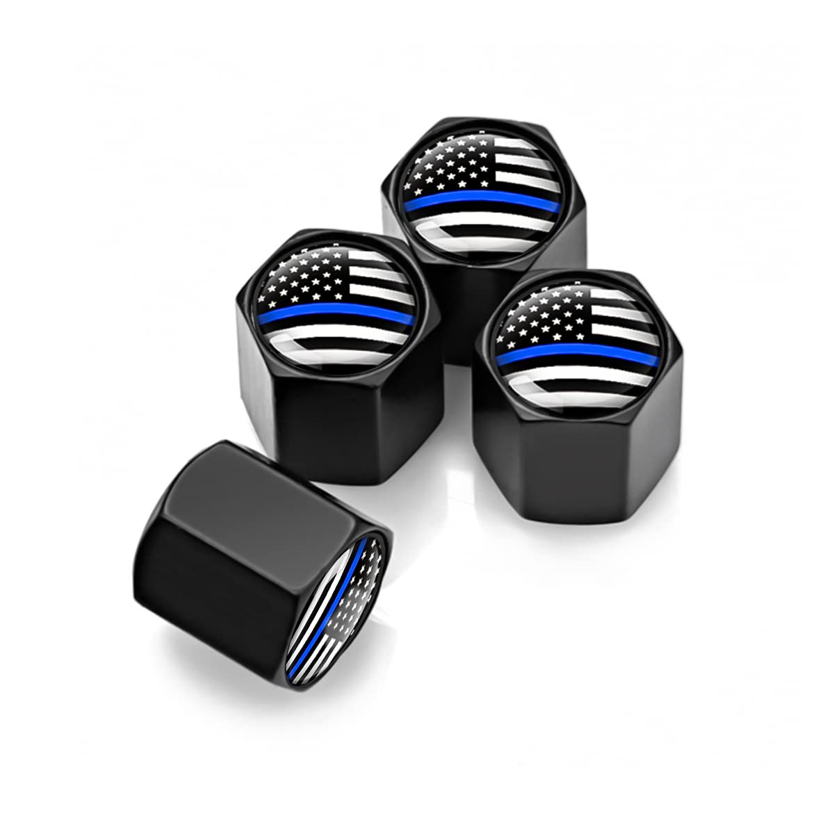 4Pcs American Flag Tire Valve Stem Caps For Car, Auto Anti-Rust Airtight Rubber Valve Stem Covers, Leakproof Wheel And Tire Exterior Accessories Universal For Car, Bikes,Vehicles (Black/Blue)