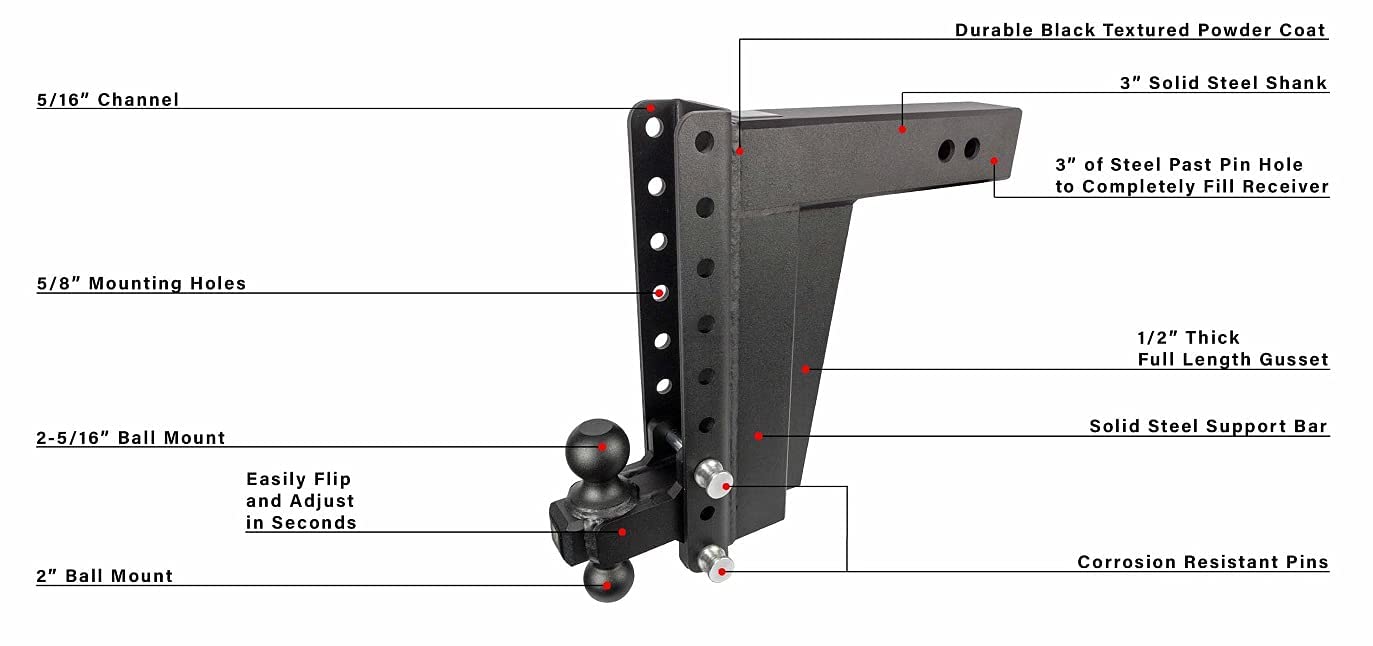 Bulletproof Hitches 3.0'' Adjustable Extreme Duty (36,000Lb Rating) 12'' Drop/Rise Trailer Hitch With 2'' And 2 5/16'' Dual Ball